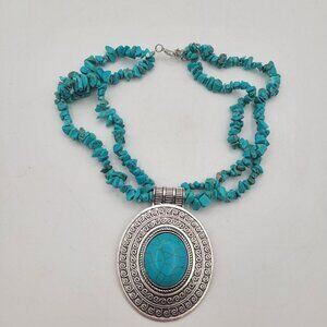 Turquoise Chip Bead Handmade Artisan Beaded Necklace with Silver Tone Pendant